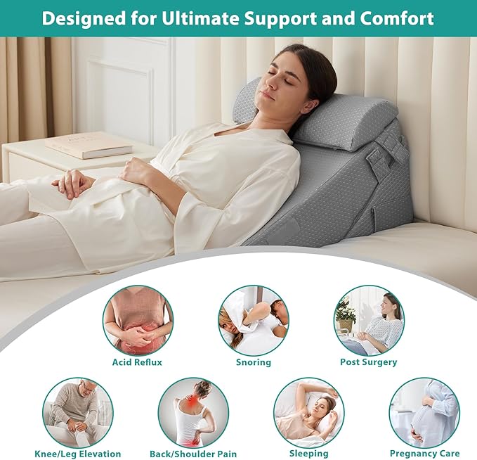 3Pcs Orthopedic Bed Wedge Pillow Set, Foam Wedge Pillow Post Surgery for Back, Leg and Knee Support, Adjustable 9&12 Inch Folding Triangle Pillow for Sleeping, Acid Reflux, Snoring, Grey