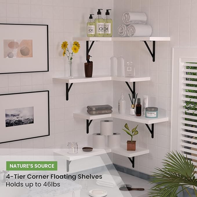 NATURE'S SOURCE Corner Floating Shelves Set of 4, Corner Shelves Wall Mounted, for Bedroom Kitchen Living Room Bathroom Office- Modern Style (White, Set of 4)