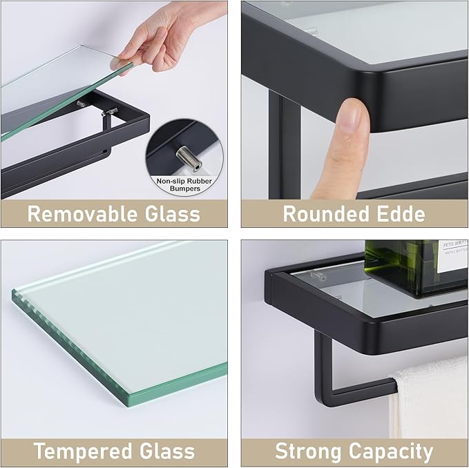 Floating Glass Shelves for Bathroom Glass Shelves 20-in with Towel Bar/Tempered Glass Rectangular 1 Tier Organizer Shelf (Matte Black, 20'')