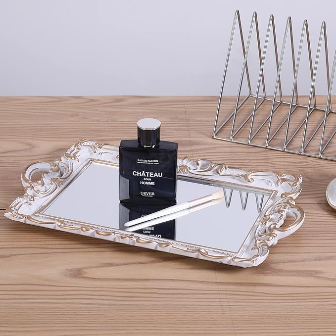 Sooyee Decorative Tray,Bathroom Tray Decor, 15.5x9.6 Mirror Serving Tray with Handle for Dessert Table,Coffee Table,Vanity,Home Decor,White and Gold