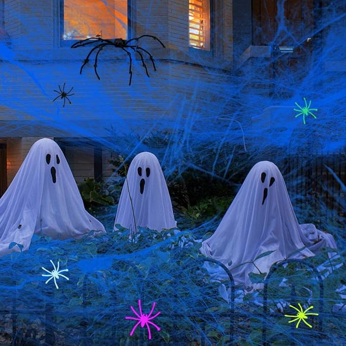 White with Blacklight Lamp,800 sqft Halloween Glow Spider Webs Indoor & Outdoor Spooky Spider Webbing with 37 Fake Spiders for Halloween Decorations