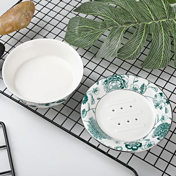 Floral Decorative Self Draining Soap Dish, Double-Layer Round Soap Tray, Vintage Ceramic Soap Dish (Style D)