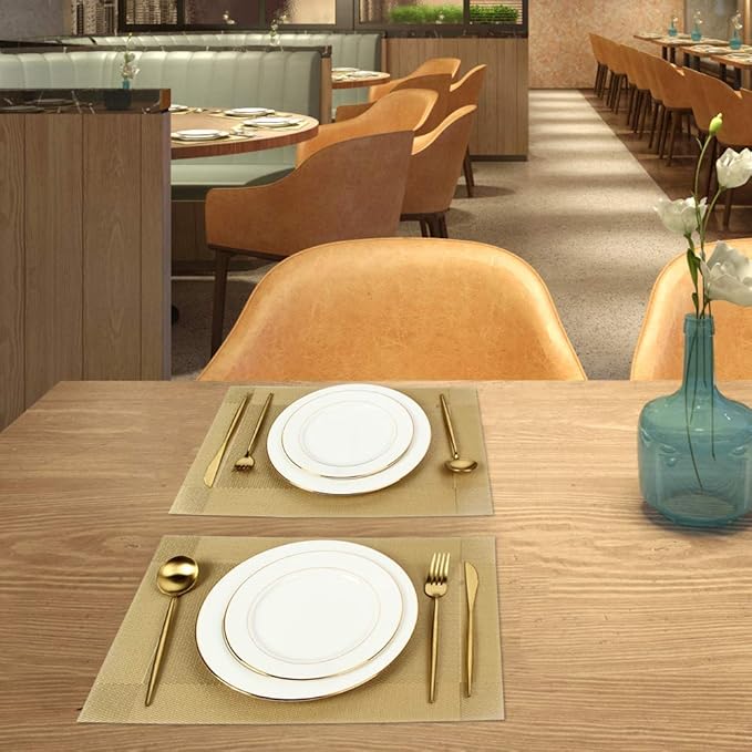 DACHUI Placemats Set of 6, Stylish Woven Place Mats for Dining Table, Washable & Durable PVC Table Mats (Gold)