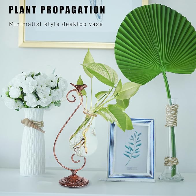 Propagated Plant Vase, Glass Planters for Indoor Plants, with Metal Frame Vintage Pattern Iron Cast Bird, Gifts for Plant Lovers, for Indoor Desktop, Office, Home Decor
