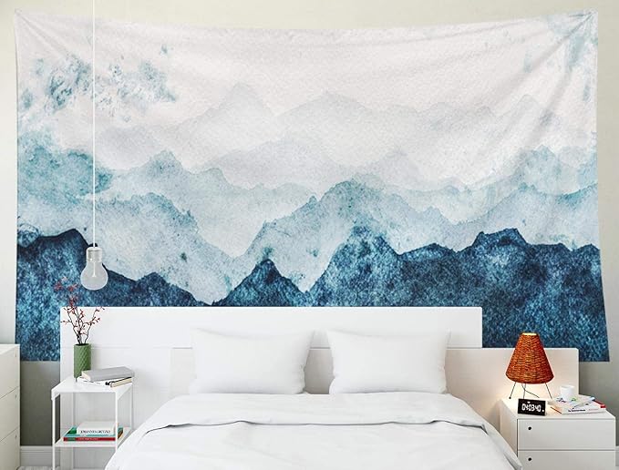 EMMTEEY Tapestry Wall Hanging, Tapestries Décor Living Room Bedroom for Home Inhouse by Printed 92.5X70.9 Inches for Blue Mountains Fading in Distance Perspective Watercolor Painting Paper