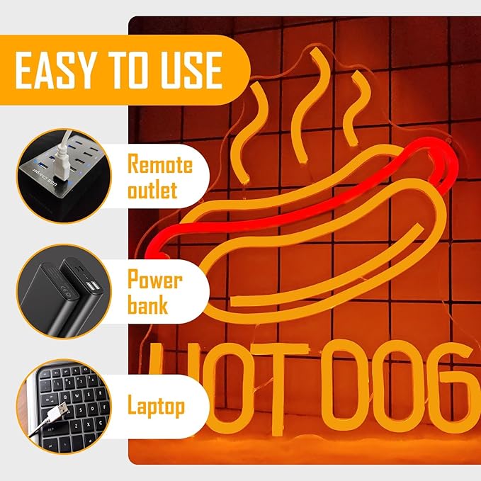 Hot Dog Neon Sign Led Neon Signs Dimmable Hot Dogs Neon Sign for Wall Decor Neon Light Sign Light Up Sign for Hot Dogs Shop Unique Business Fast Food Shop Bar Decor Birthday Gift