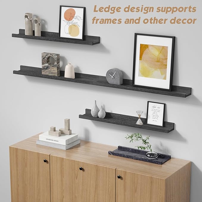Forbena Corner Floating Shelves for Wall with Lip Set of 4, Black Small Wood Picture Ledge Shelf for Living Room Bedroom Bathroom Nursery Books, Repisas Flotantes de Pared para Cuarto Sala Baño Negro
