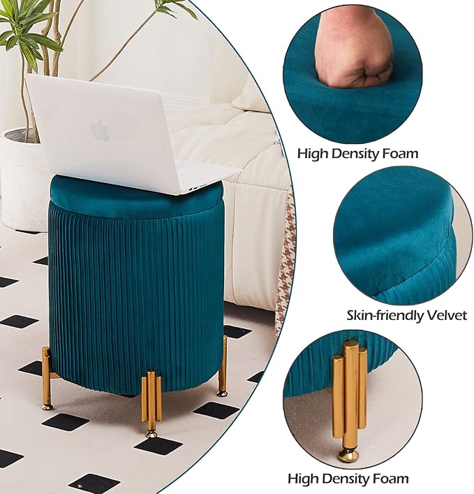 Mxfurhawa Round Ottoman Foot Stool with Storage and Metal Legs for Living Room Bedroom, Velvet Upholstered Footrest Stool Support 300lbs Modern Padded Seat Ottoman Coffee Table (Teal)