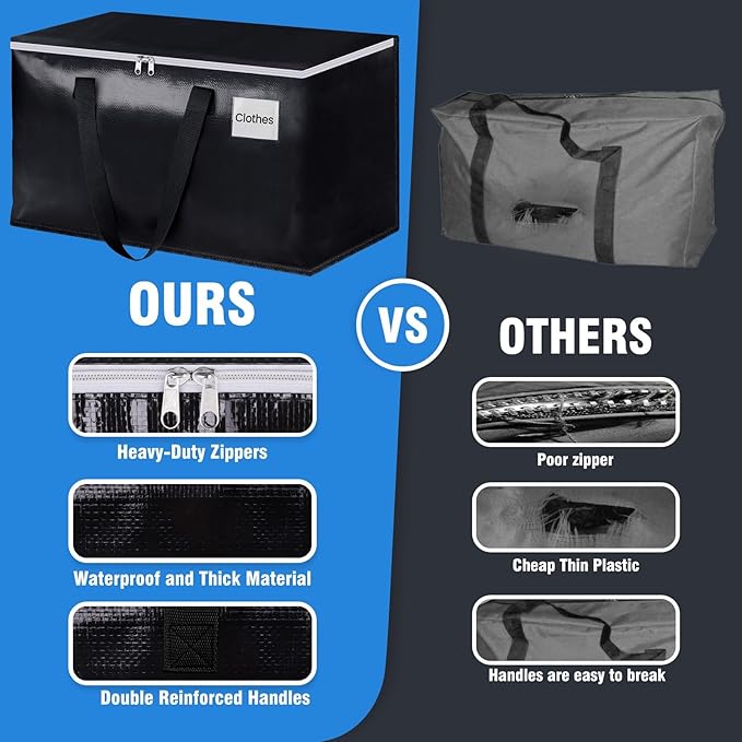 BlissTotes Moving Bags, Heavy Duty Moving Boxes with Zippers Top and Sturdy Handles, Storage Bags for Space Saving and Packing, Collapsible Moving Supplies, Storage Totes (76L, 6-Pack, Black)
