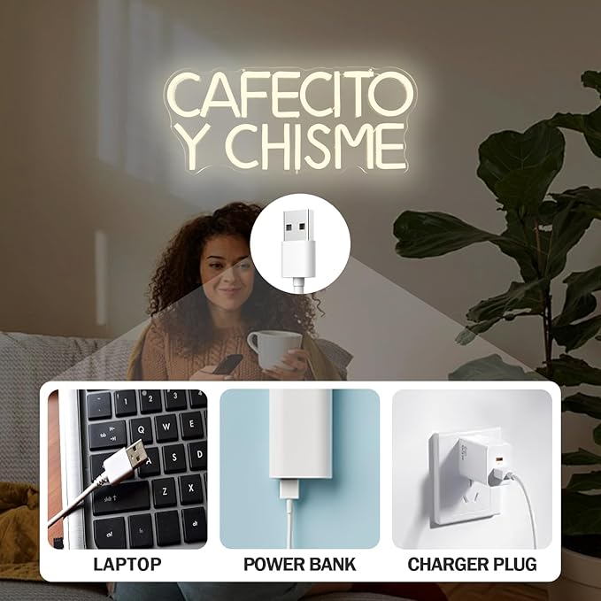 Funny Cafecito Y Chisme Neon Sign for Wall Decor Dimmable Cafecito Y Chisme Sign Mexican Gifts for Women Led Neon Light Sign for Bedroom Coffee Lover Gifts Home Kitchen Decoration