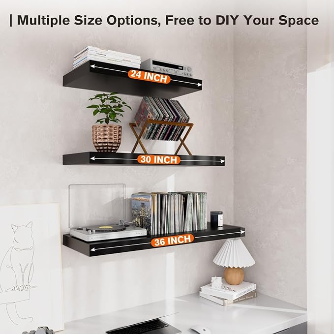 Floating Shelf, Set of 1 Wall Shelf, 24 in W x 12.75 in D x 2 in H Wooden Floating Wall Shelf with Invisible Brackets for Living Room/Bedroom/Bathroom/Kitchen Storage and Decor, Black