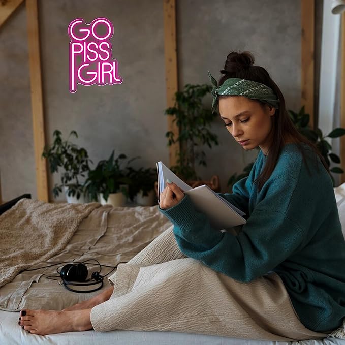 Go Piss Girl Neon Sign Pink Dimmable LED Trendy Neon Light Sign Wall Art Aesthetic Decor Pop Culture Art Funny Sign Bar Bedroom Dormitory Decor Birthday Gift(14.5 * 10.6in)