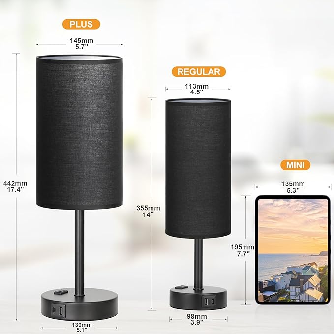 17.4inches Tall Black Touch Table Lamps Set - 3 Way Dimmable Bedside Lamps with USB C and A Ports, Small Lamps for Nightstand with AC Outlet, Round Flaxen Shade for Desk, Office, Dorm, Nursery