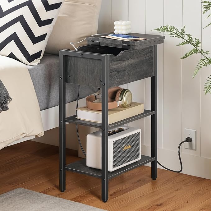 HOOBRO End Table with Charging Station, Narrow Side Table, Flip Top Nightstand with USB Ports and Outlets, Bedside Tables with Shelf for Small Spaces, Living Room, Charcoal Black BC341BZ01