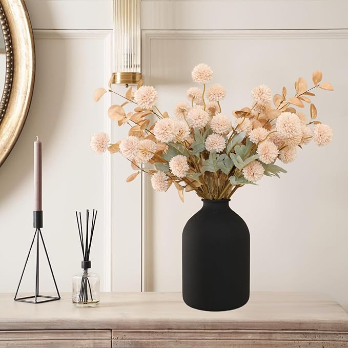 Artificial Silk Flowers Beige 10 Stems + Eucalyptus, Faux Flowers For Vase, Fake Mums Long Stem, Tan Nude Cream Neutral Floral, Chrysanthemum Pom Pom Floral Arrangements, Mini Faux Mums Flower Bulk