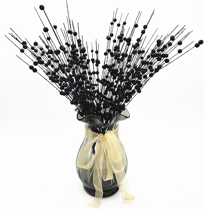 CATTREE Artificial Glitter Berry Stem Decorative, Fake Glitter Sticks Bead Pick Stems for Halloween Christmas Glittery Twigs Xmas Tree Wreath Crafts Vase Filler Home DIY Decor - 17 Inch Black 10 Pack