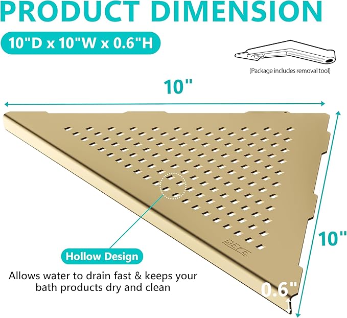 Bathroom Corner Shelf, Recessed 10" Shower Shelf Caddy, SUS304 Stainless Steel Shelf Wall Mount Triangular, No Drilling, Brushed Golden
