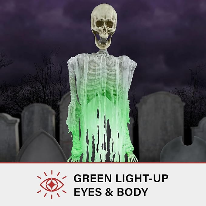Haunted Hill Farm Motion Activated Floating Skeleton Ghost Over Tombstone by Tekky, Battery Operated Halloween Animatronic for Indoor or Covered Outdoor Creepy Halloween Decorations, Halloween Props