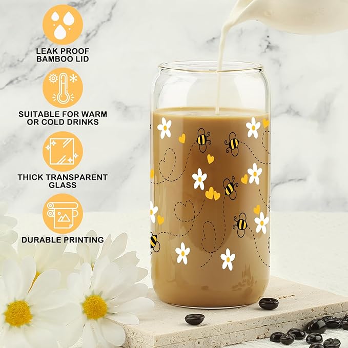 Gift For Girls, Her - Birthday Gifts for Women Friendship - Unique Gifts For Women, Friends, Bestie, Bff, Soul Sister, Work Bestie - Honey Bee Daisy 16 OZ Iced Glass Can Tumbler with Lid and Straw