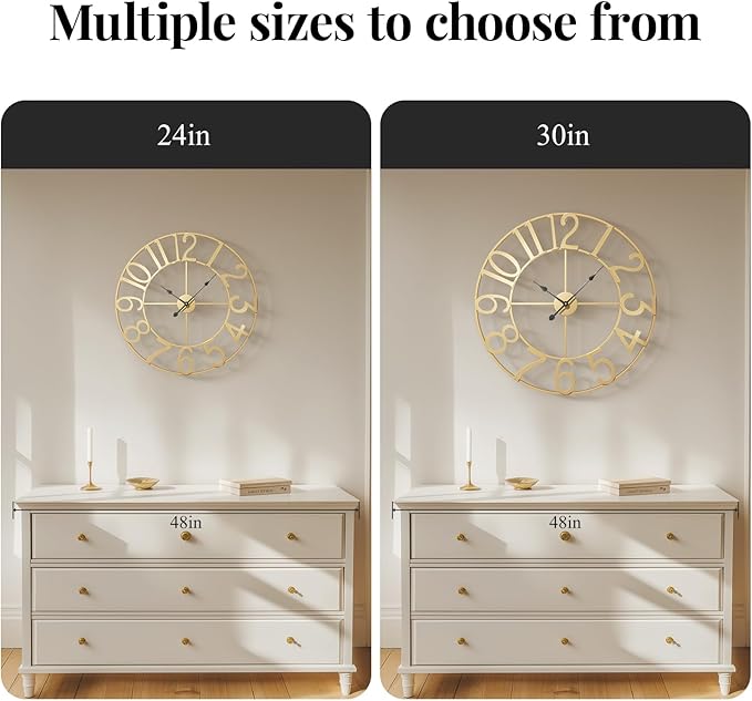 Large Wall Clock 24 Inch Gold, Decorative Wall Clocks Battery-Operated, Modern Metal Round Clock Silent Non Ticking Arabic Numerals for Living Room Kitchen Mantel Bedroom Office Decor