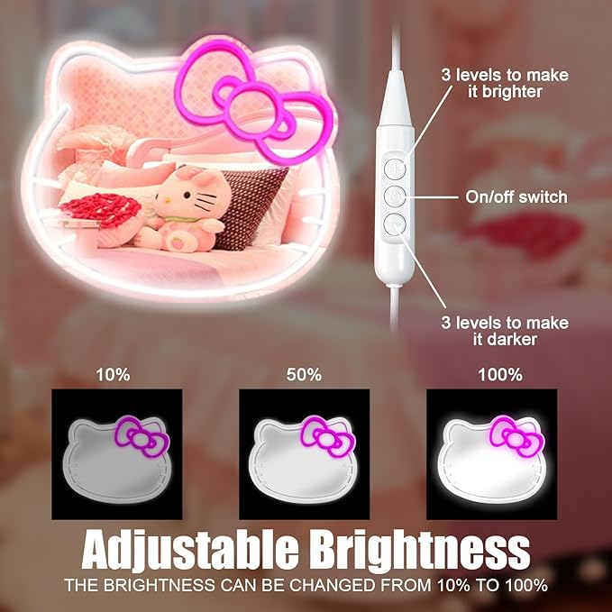Anime Hello Kit Mirror with light Neon signs for Wall Decor, Neon Mirror with Dimmable for teen girl gift,makeup Mirror neon sign room decor (16.1 * 14 inch)