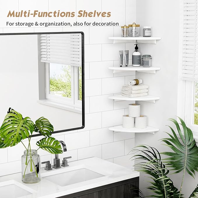 Forbena White Corner Floating Shelves for Wall Set of 4, Rounded Corner Shelves Wall Mounted for Kids Bedroom Books, Cute Wood Hanging Corner Shelf for Bathroom Decor, Living Room, Small Spaces