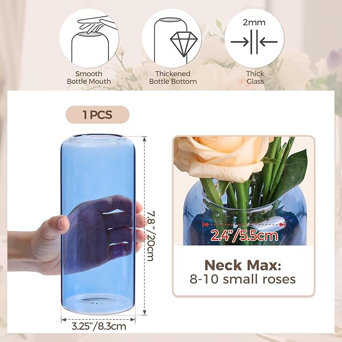 ComSaf Glass Flower Vase, 8 Inch Tall Bud Vases, Home Decor Vases for Centerpiece for Living Room and Bedroom, Decorative Vases for Wedding, Valentines' Day, Mother's Day (Blue)