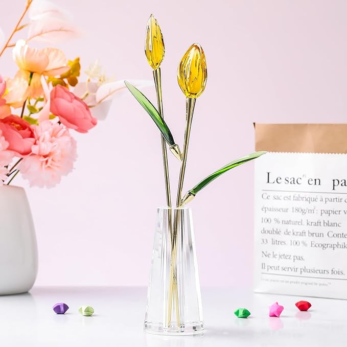 LONGWIN Crystal Tulips Flower Figurine Collectible with Vase Glass Spring Bouquet Flowers with Stem Home Decor Gift for Women Mom