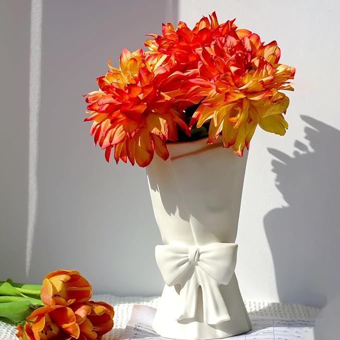 White Ceramic Bow Vase Unique Cute Decorative Bouquet Flower Vases 9.64 in