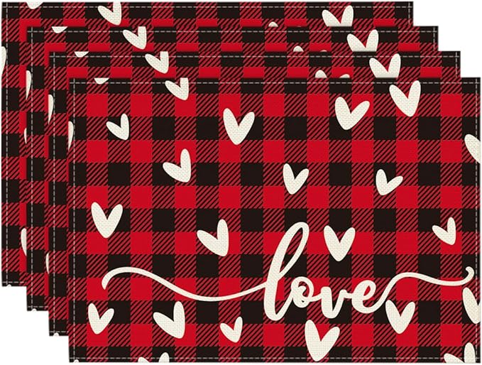Artoid Mode Black Red Buffalo Plaid Love Valentine Placemats Set of 4, 12x18 Inch Seasonal Anniversary Holiday Table Mats for Party Kitchen Dining Decoration