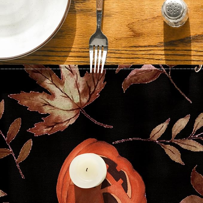 Artoid Mode Jack-O'-Lantern Pumpkin Leaves Black Halloween Table Runner, Holiday Kitchen Dining Table Decoration for Home Party Decor 13 x 60 Inch