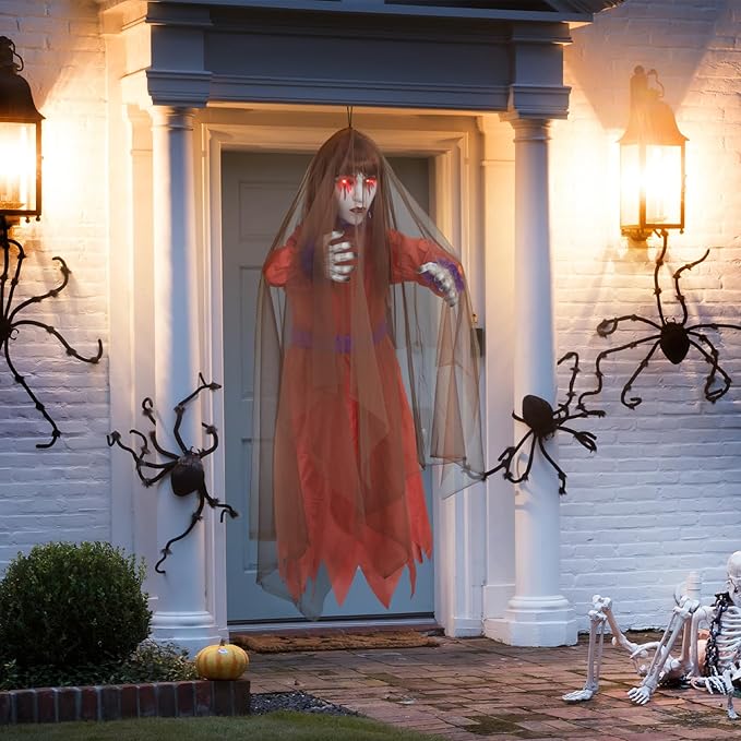 HollyHOME Halloween Hanging Ghost Sound Activated Ghost Girl with Red Glowing Eyes and Creepy Screaming Sound Halloween Outdoor Haunted House Decorations 45 ‘’