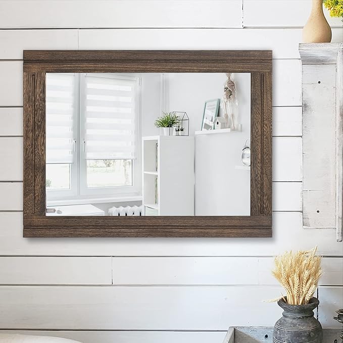 AAZZKANG Rustic Wood Mirror Rectangle Decorative Wall Hanging Mirrors with Frame Large 20"x16" for Bedroom Living Room Bathroom Home Entryway