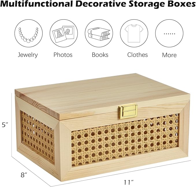 Decorative Rattan Storage Boxes Solid Wood Woven Baskets Bins with Lid Keepsake Memory Jewelry Box Natural Boho Shelf Wicker Closet Desk Organizer Container (Light Wood, Large Size)