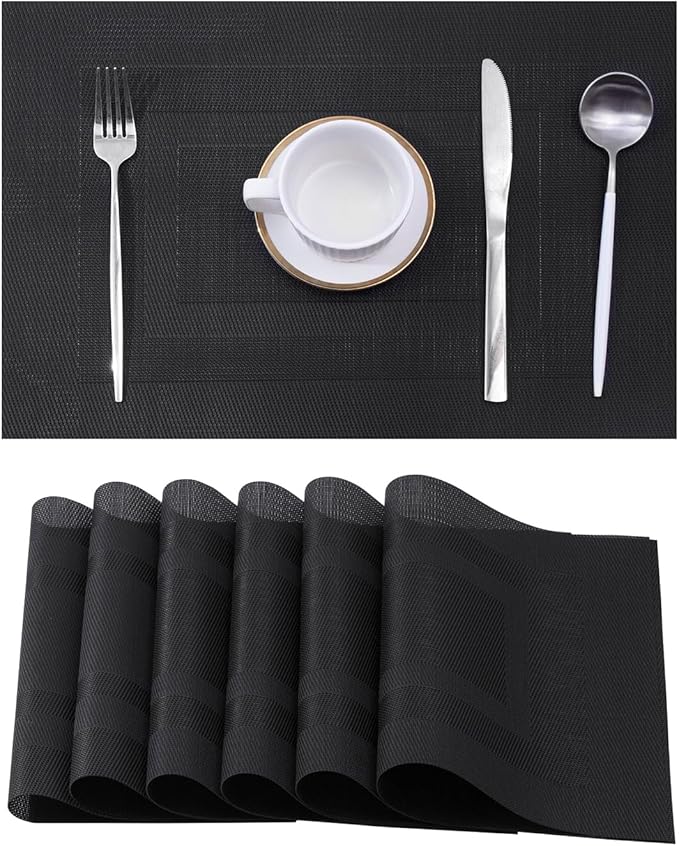 Leetaltree Black Frame Placemats Set of 6 - Heat Resistant Non-Slip Place mats for Dining Table, Washable Durable PVC Vinyl Woven Table Mats(Black Frame, 6)