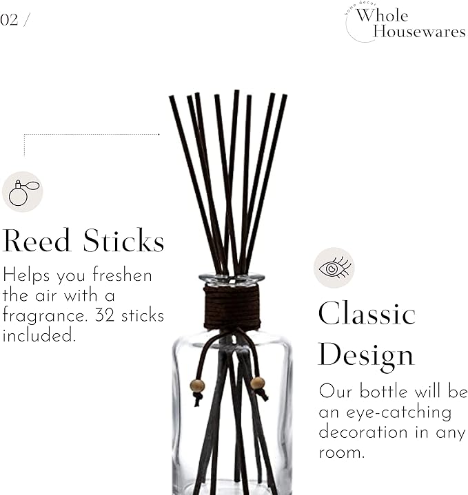 WHOLE HOUSEWARES Set of 4 Diffuser Bottles with Sticks - 7.5oz Empty Glass Diffuser Bottle for Essential Oils - Oil Diffusers Container with 32pcs Reed Sticks for Aromatherapy and Home Fragrance