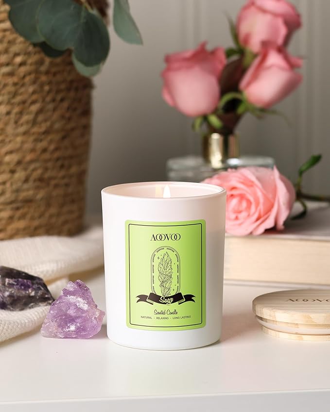 AOOVOO Sage Scented Candles for Women - Aromatherapy Candle with Crystals Inside, 7oz Soy Candles for Home Scented, Christmas Birthday Gifts Mothers Day Candle for Women Mom