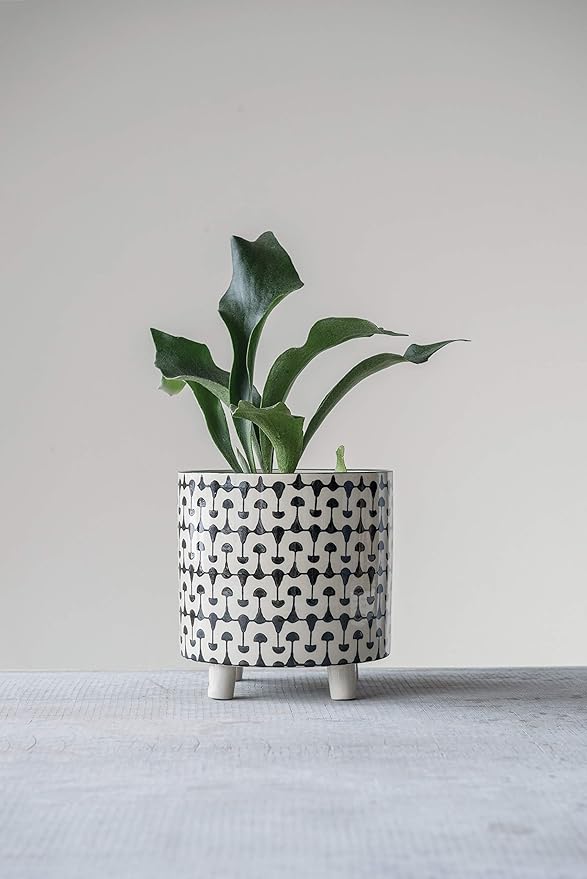 Creative Co-Op Footed Stoneware Planter with Abstract Print, Black and White