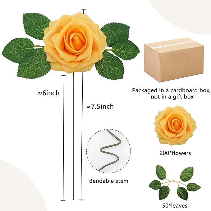 Artificial Flowers Roses Real Looking Foam Fake Roses with Leaves and for DIY Wedding Bouquets Bridal Shower Centerpieces Party Decorations (Creamy Yellow, 200)