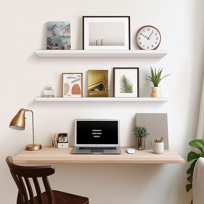 Annecy Floating Shelves Set of 3, 36 Inch White Rustic Wood Shelves for Wall, Wall Storage Shelves with Guardrail Design for Bedroom, Bathroom, Kitchen, Office, 3 Different Sizes