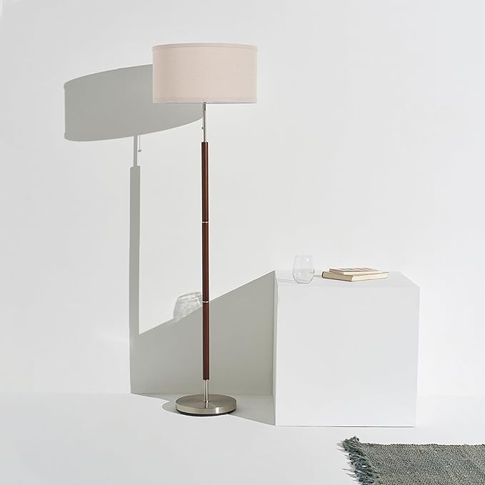 Brightech Carter LED Floor Lamp, Walnut Wood Finish, Mid-Century Modern Drum Shade for Living Room & Office Decor