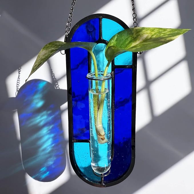 LITMIND Transparent Blue Stained Glass Propagation Station - Handcrafted Suncatcher Hanging Planter with 2 Glass Tubes, Multi-Color Hydroponic Wall Décor for Windows, Home & Garden