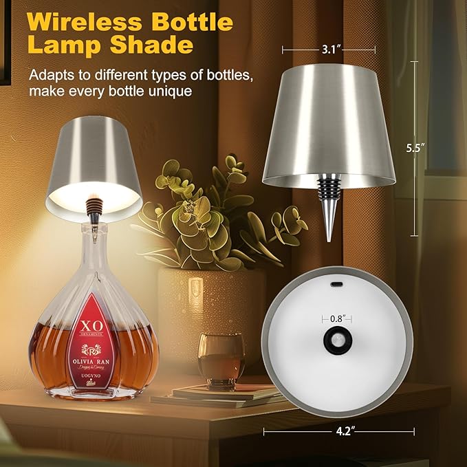 Wireless Bottle Lamp, 2025 New 3 Color Rechargeable Wine Bottle Lights for Bars Restaurants (Silver, 1PC)