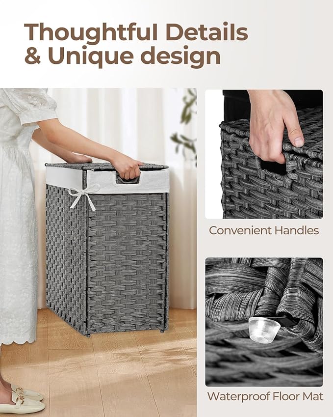 Greenstell Laundry Hamper with lid, No Install Needed, 110L Wicker Laundry Baskets Foldable 2 Removable Liner Bags, 2 Section Clothes Hamper Handwoven Rattan Laundry Basket with Handles, Gray