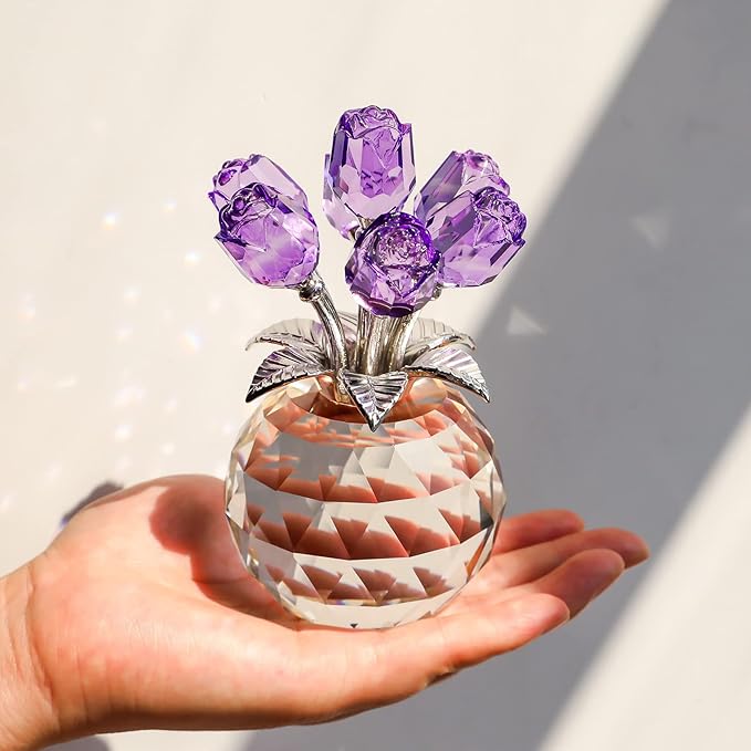 Purple Rose Flower Crystal Figurine with Vase, Bouquet Flowers Ornament Gifts for Wife Girlfriend Women , Handmade Crystal Flower Collectible Home Table Decor for Valentine's Day Wedding Anniversary