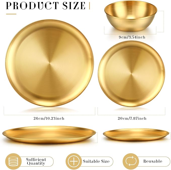 Layhit 18 Pcs Gold Stainless Steel Dinnerware Set 10'' Metal Gold Dinner Plates 8'' Thickened Dinner Dishes 3.5'' Sauce Bowls Stackable Dishware for Kitchen BBQ Party Picnic, Service for 6