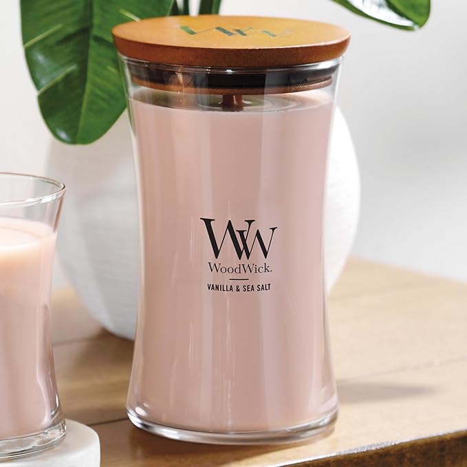 WoodWick Large Hourglass Candle, Vanilla Sea Salt Scented, Premium Soy and Paraffin Wax Blend, Crackles as it burns, Great for gifting, 21oz