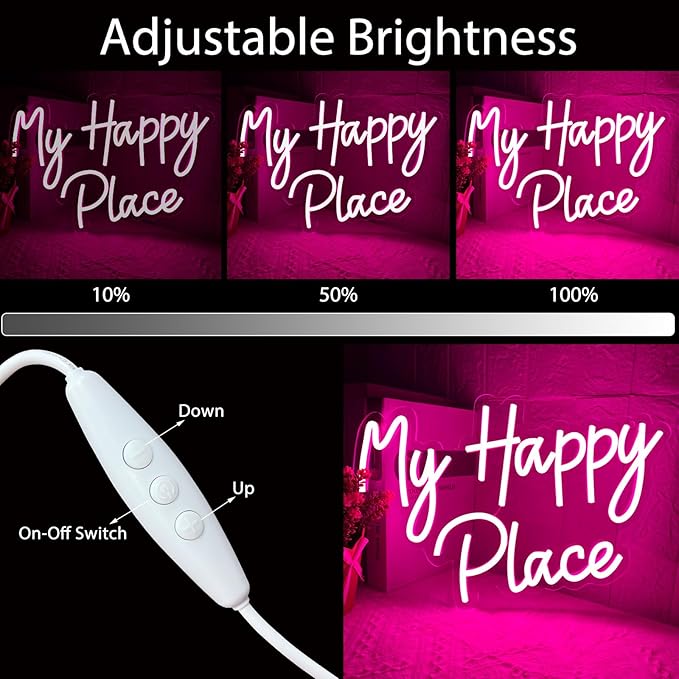 My Happy Place Neon Sign, Dimmable Pink LED Neon Light for Wall Decor, USB Powered My Happy Place Signs, Words Neon Lights for Girls Bedroom Birthday Party Wedding Christmas Halloween Aesthetic