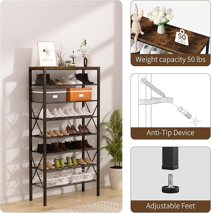 8 Tiers Tall Shoe Rack Organizer, Large Capacity Shoe Rack Holds 32 Pairs of Shoes, Durable and Stable, Adjustable Metal Shelf Stackable Shoe Shelf for Entryway, Hallway, Living Room, Closet