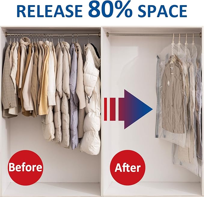 Hanging Vacuum Storage Bags, 6 Pack Hanging Storage Bags for Clothes With Electric Pump, Vacuum Sealed for Suits, Dress, Jackets (3 Long, 3 Short)